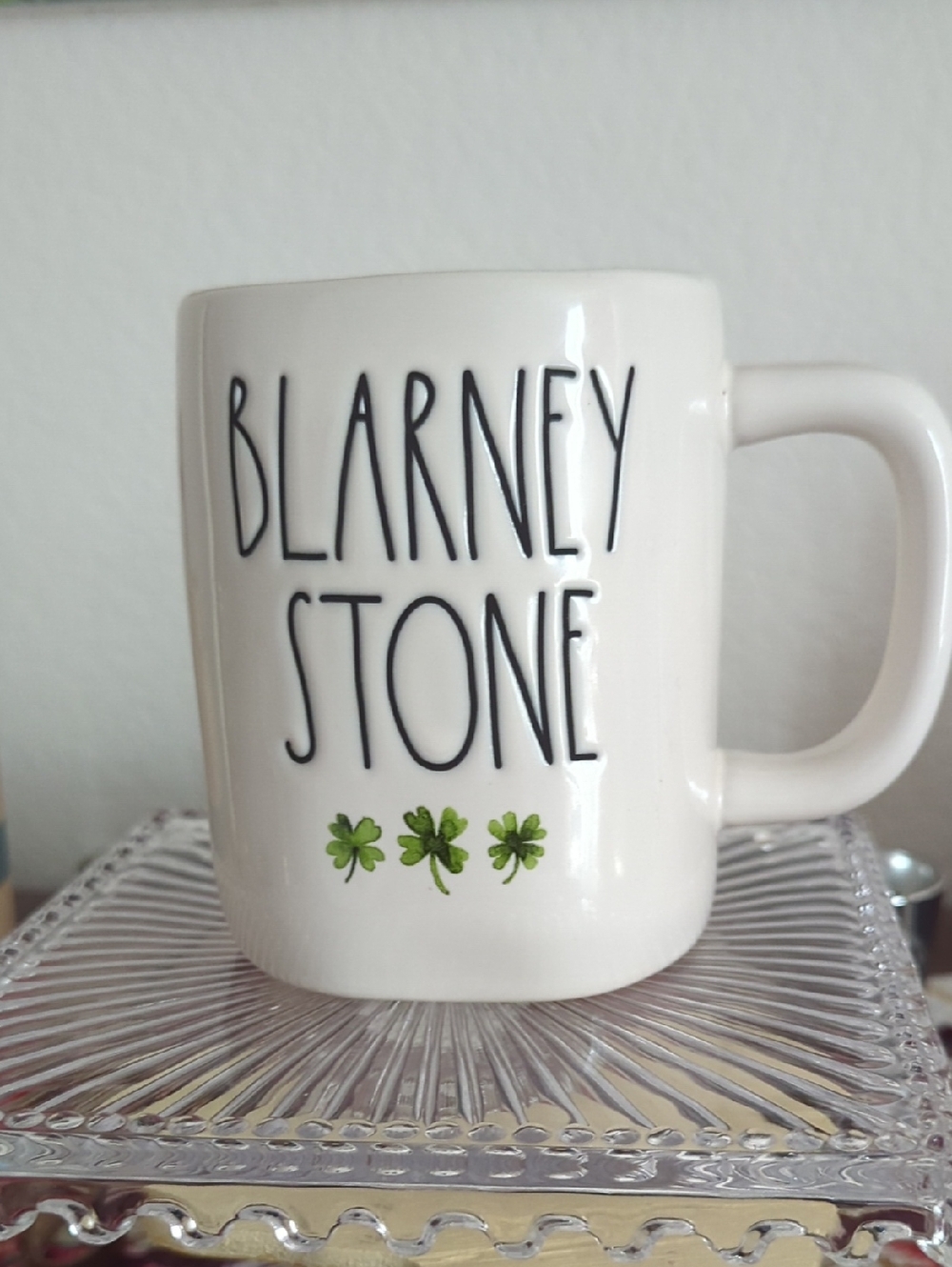 Rae Dunn White Mug with Black Lettering Blarney Stone, With Green Clover